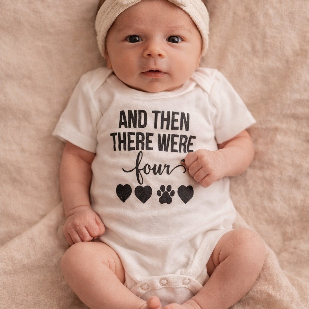 “And Then There Were Four” Newborn Onesie | Family Announcement Baby Bodysuits